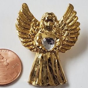Large Solid Heavy Gold Guardian Angel Brooch & Prayer Card